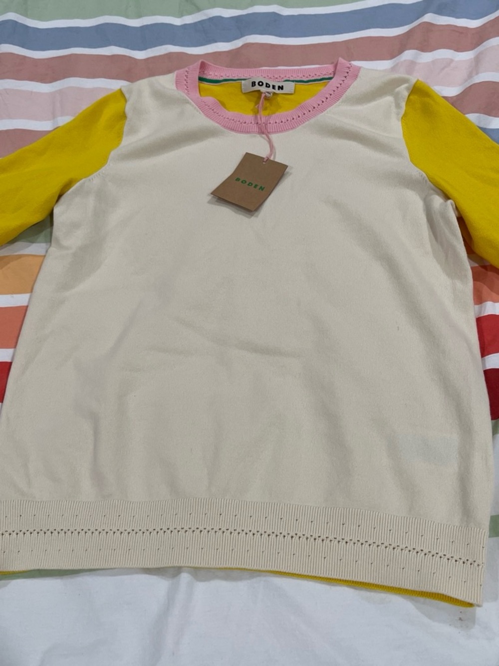 Boden Cream Top with Yellow Sleeves and Pink Trim